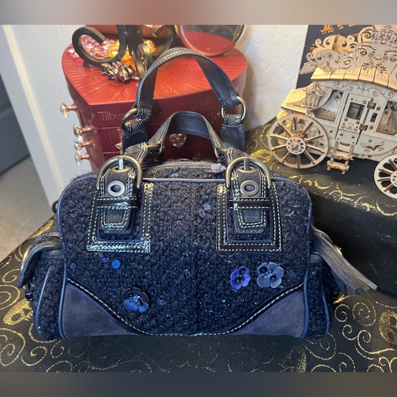 Coach Soho Midnight Blue Tweed & Suede Leather Sequin East West Satchel #10071 - Picture 1 of 16